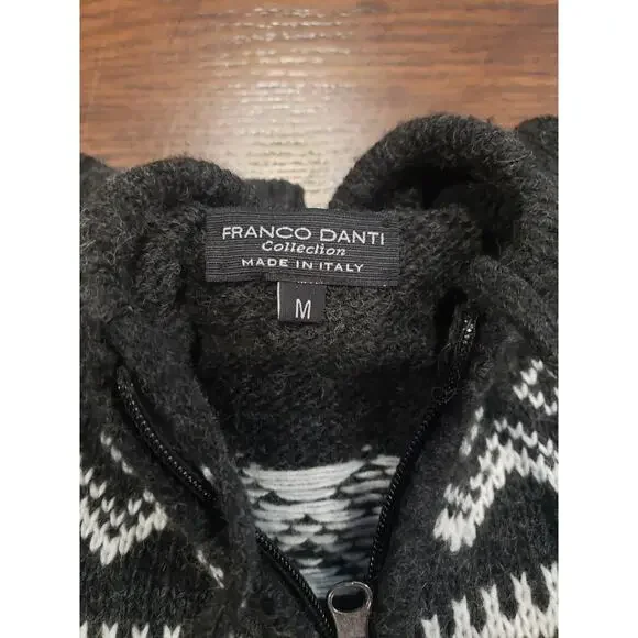 Franco Danti Italian Wool Zip Up Sweater Hooded Fair Isle Charcoal Grey - Size M - Picture 6 of 8